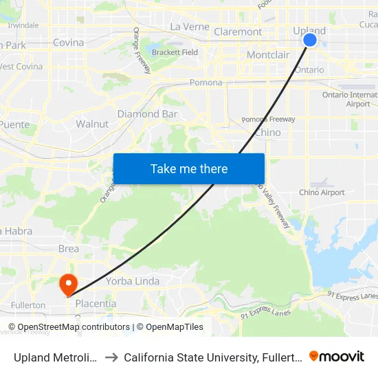 Upland Metrolink to California State University, Fullerton map