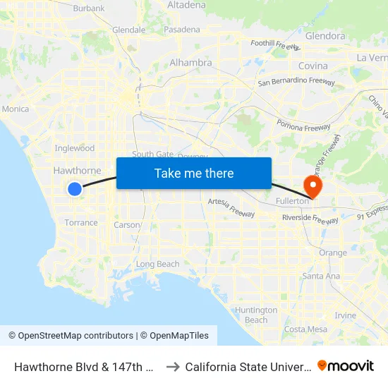 Hawthorne Blvd & 147th St (Southbound) to California State University, Fullerton map