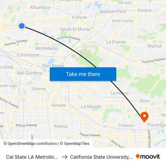 Cal State LA Metrolink Station to California State University, Fullerton map