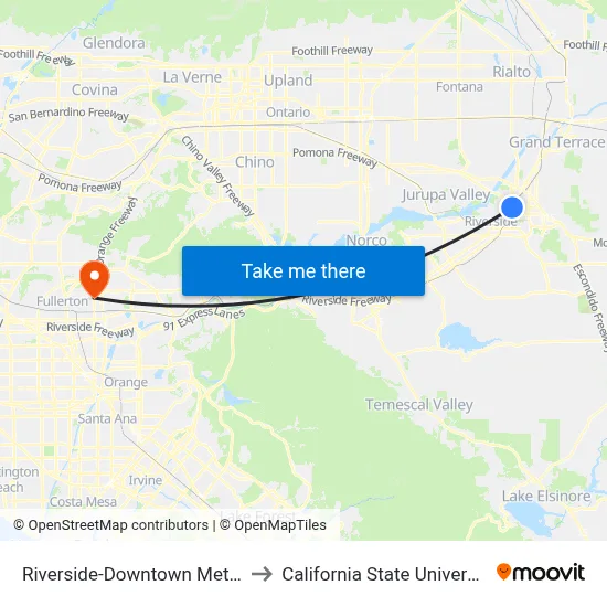 Riverside-Downtown Metrolink Station to California State University, Fullerton map