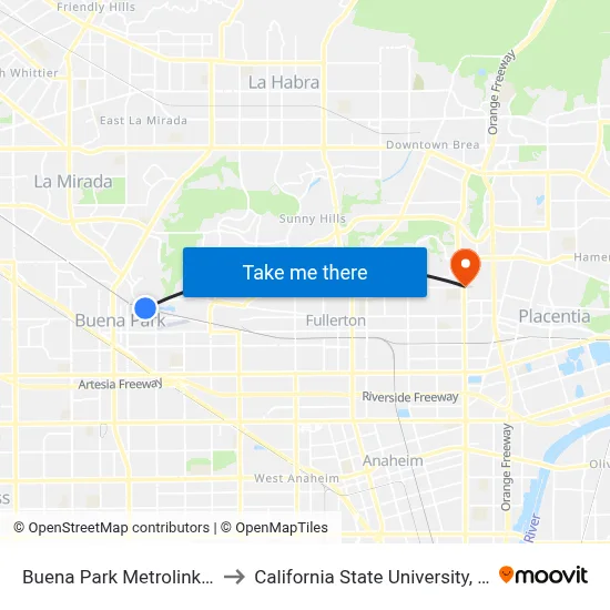 Buena Park Metrolink Station to California State University, Fullerton map