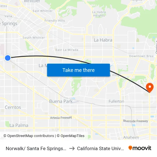 Norwalk/ Santa Fe Springs Metrolink Station to California State University, Fullerton map
