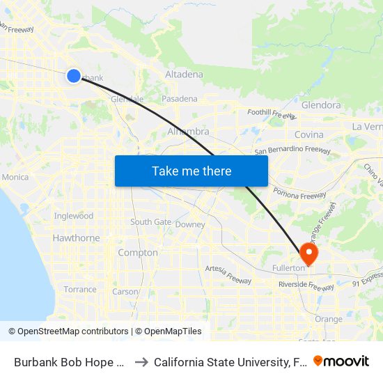 Burbank Bob Hope Airport to California State University, Fullerton map
