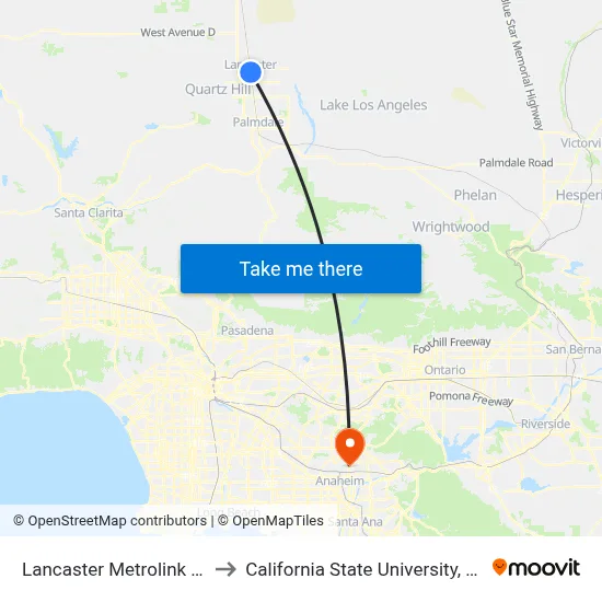 Lancaster Metrolink Station to California State University, Fullerton map
