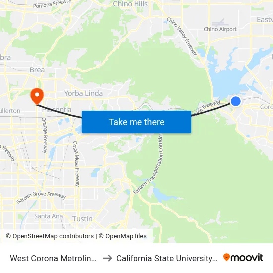 West Corona Metrolink Station to California State University, Fullerton map