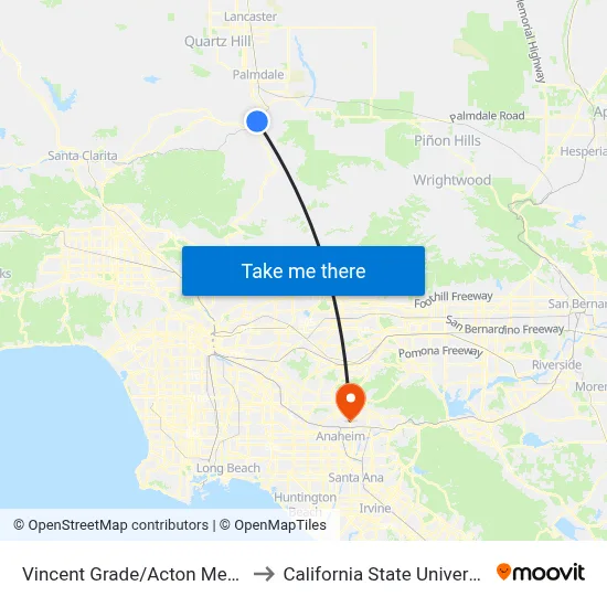 Vincent Grade/Acton Metrolink Station to California State University, Fullerton map