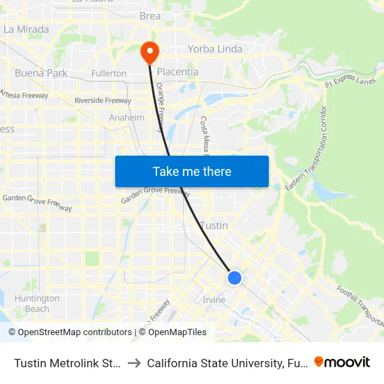 Tustin Metrolink Station to California State University, Fullerton map
