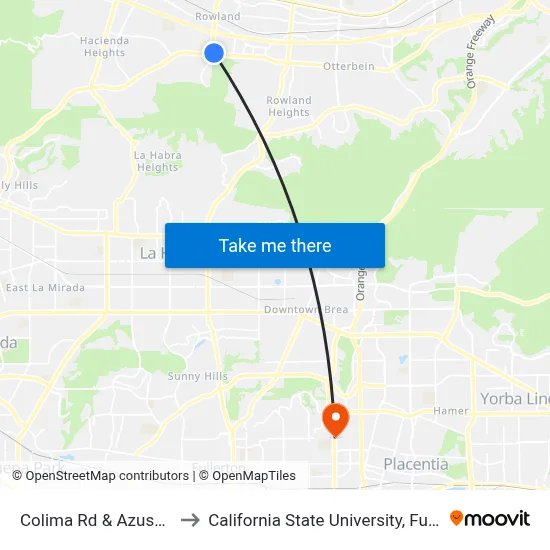Colima Rd & Azusa Ave to California State University, Fullerton map