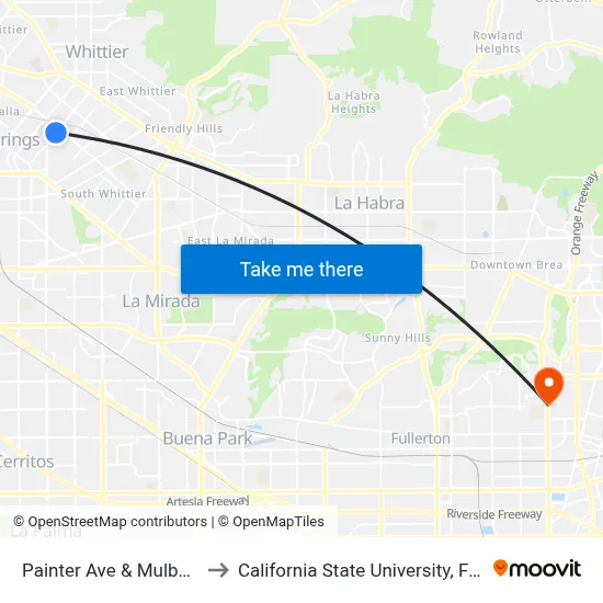 Painter Ave & Mulberry Dr to California State University, Fullerton map