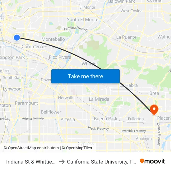Indiana St & Whittier Blvd to California State University, Fullerton map