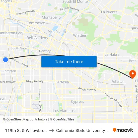 119th St & Willowbrook Ave to California State University, Fullerton map