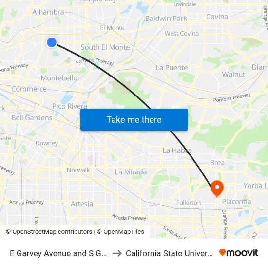 E Garvey Avenue and S Garfield Avenue to California State University, Fullerton map