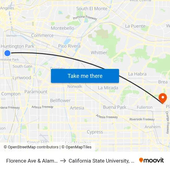 Florence Ave & Alameda St to California State University, Fullerton map