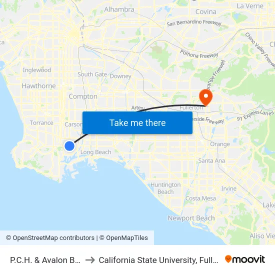 P.C.H. & Avalon Blvd. to California State University, Fullerton map