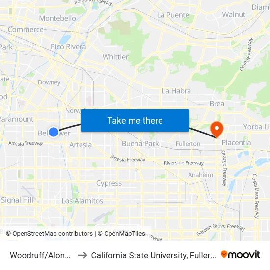 Woodruff/Alondra to California State University, Fullerton map