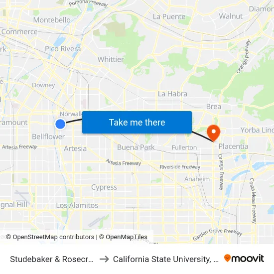 Studebaker & Rosecrans SW to California State University, Fullerton map