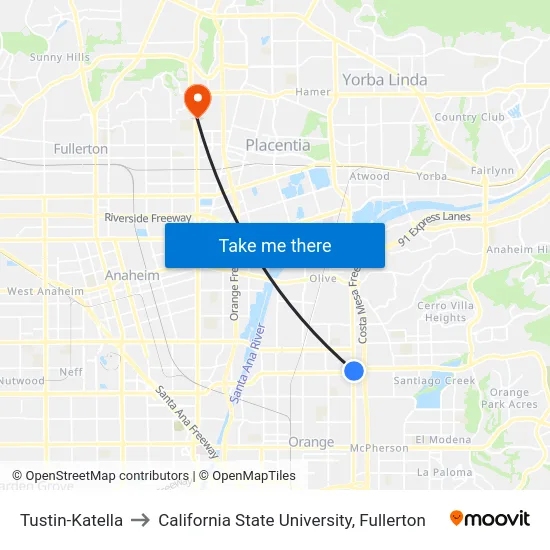 Tustin-Katella to California State University, Fullerton map