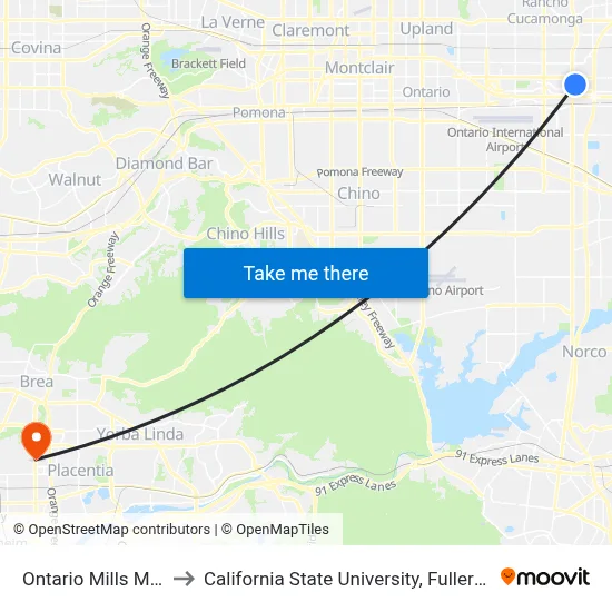 Ontario Mills Mall to California State University, Fullerton map