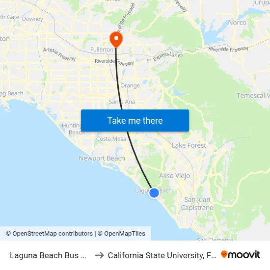 Laguna Beach Bus Station to California State University, Fullerton map