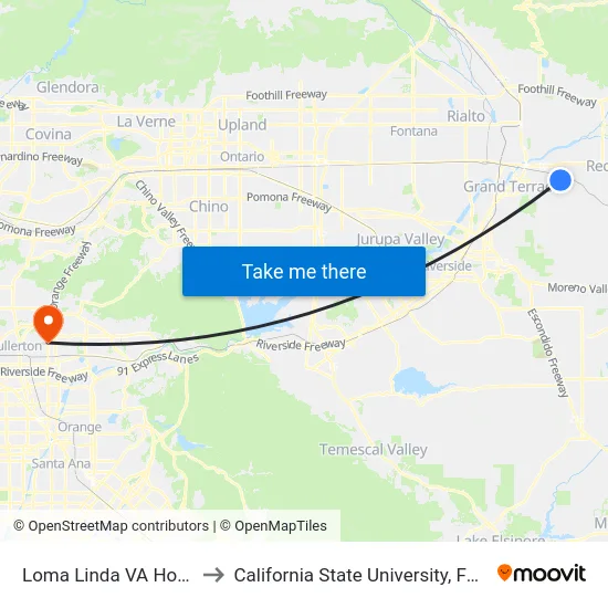 Loma Linda VA Hospital to California State University, Fullerton map