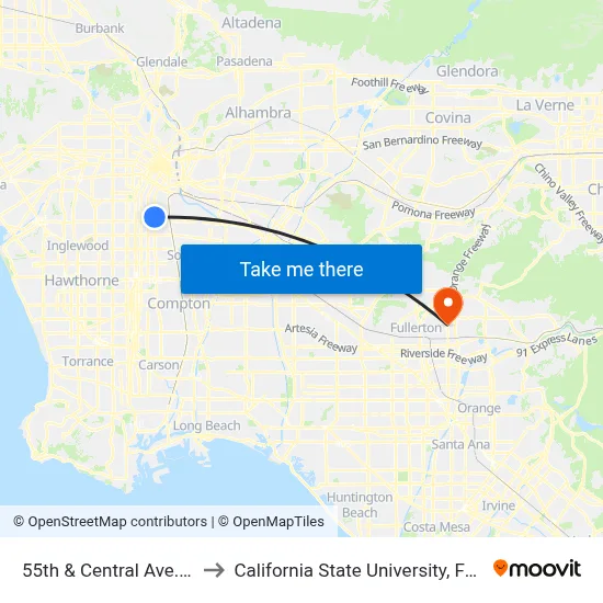 55th & Central Ave. (CW) to California State University, Fullerton map