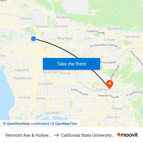 Vermont Ave & Hollywood Blvd to California State University, Fullerton map