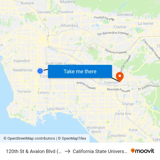120th St & Avalon Blvd (Westbound) to California State University, Fullerton map