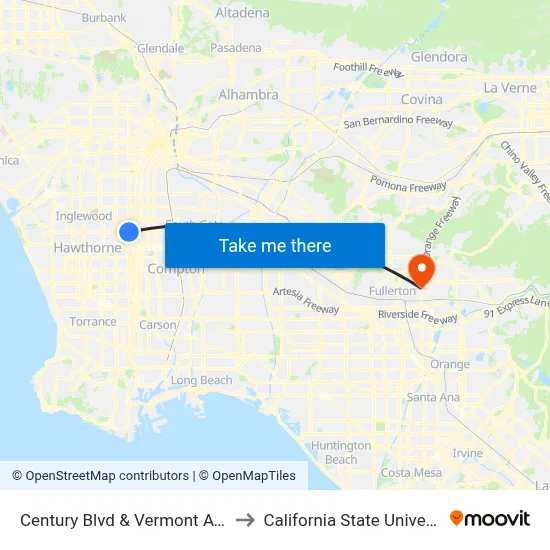 Century Blvd & Vermont Ave (Westbound) to California State University, Fullerton map