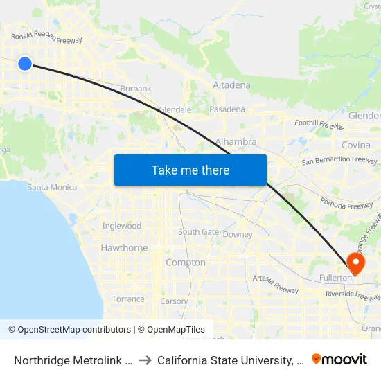 Northridge Metrolink Station to California State University, Fullerton map