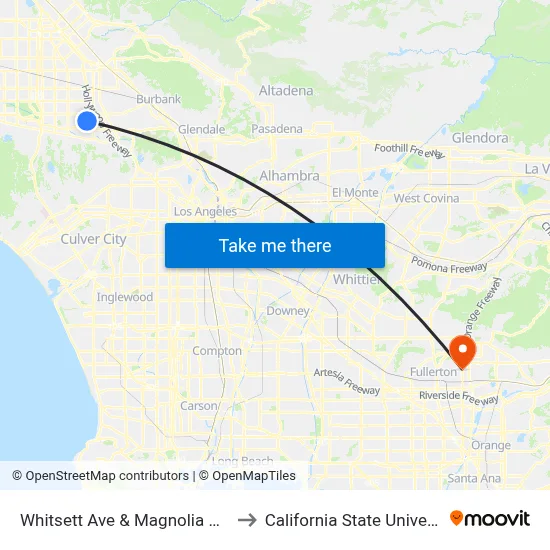 Whitsett Ave & Magnolia Blvd Southbound to California State University, Fullerton map
