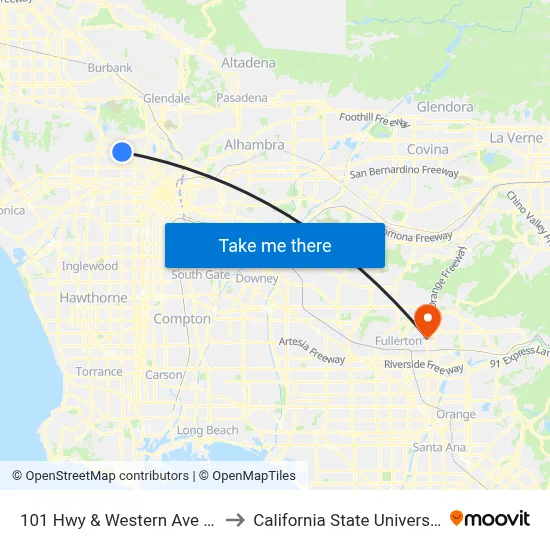 101 Hwy & Western Ave (Westbound) to California State University, Fullerton map