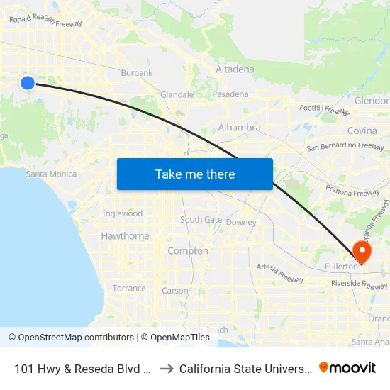 101 Hwy & Reseda Blvd (Westbound) to California State University, Fullerton map