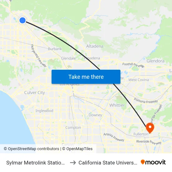Sylmar Metrolink Station (Departing) to California State University, Fullerton map