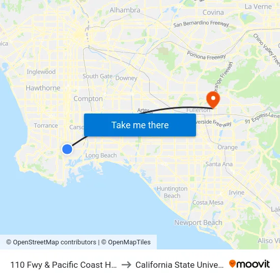 110 Fwy & Pacific Coast Hwy (Westbound) to California State University, Fullerton map