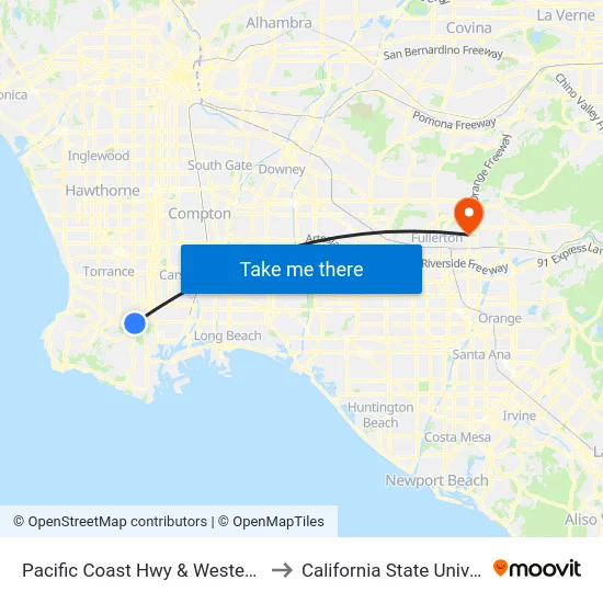Pacific Coast Hwy & Western Ave (Westbound) to California State University, Fullerton map