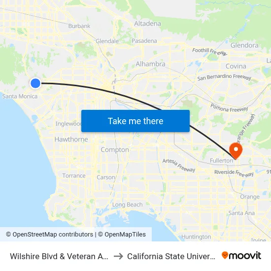 Wilshire Blvd & Veteran Ave (Departing) to California State University, Fullerton map