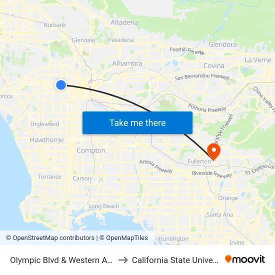 Olympic Blvd & Western Ave (Westbound) to California State University, Fullerton map