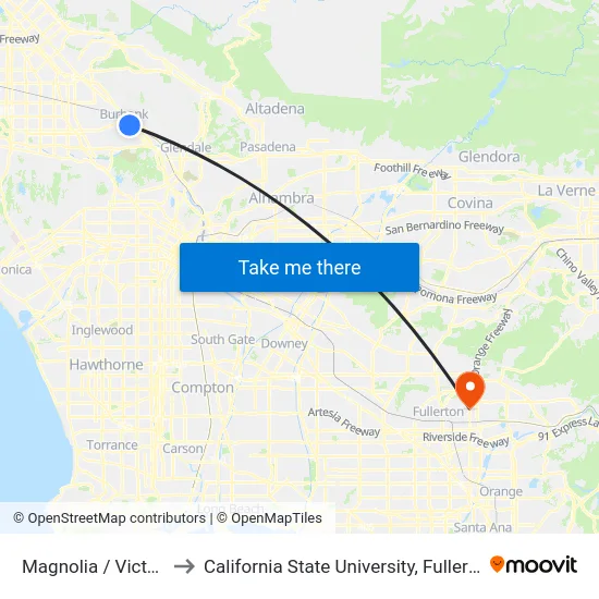 Magnolia / Victory to California State University, Fullerton map