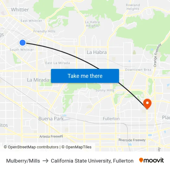 Mulberry/Mills to California State University, Fullerton map