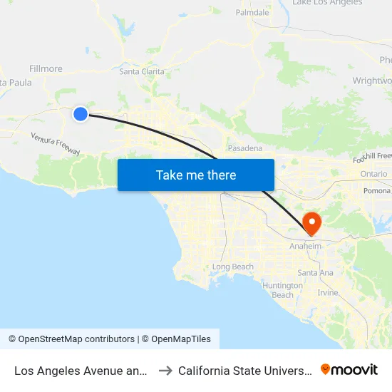 Los Angeles Avenue and First Street to California State University, Fullerton map