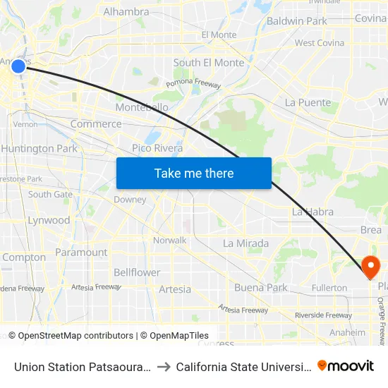Union Station Patsaouras Bus Plaza to California State University, Fullerton map