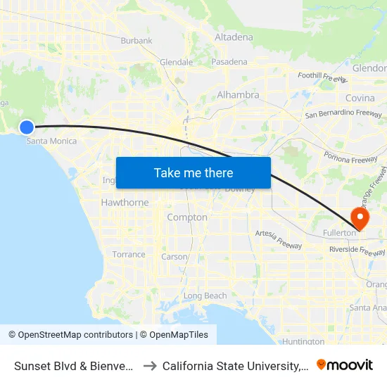 Sunset Blvd & Bienvenida Ave to California State University, Fullerton map