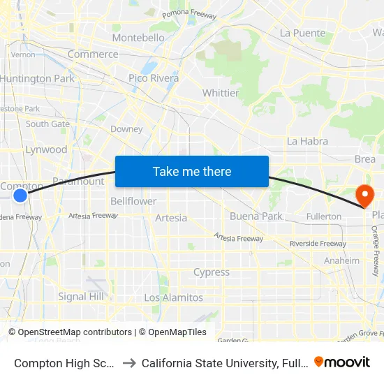 Compton High School to California State University, Fullerton map