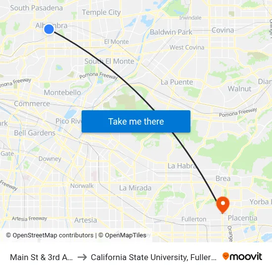 Main St & 3rd Ave to California State University, Fullerton map
