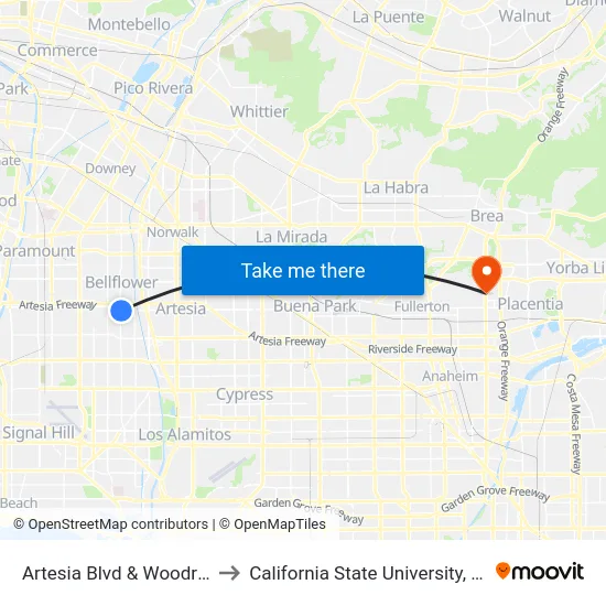 Artesia Blvd & Woodruff Ave to California State University, Fullerton map