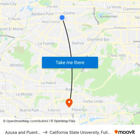 Azusa and Puente S to California State University, Fullerton map