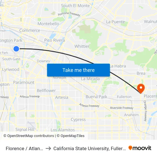 Florence / Atlantic to California State University, Fullerton map