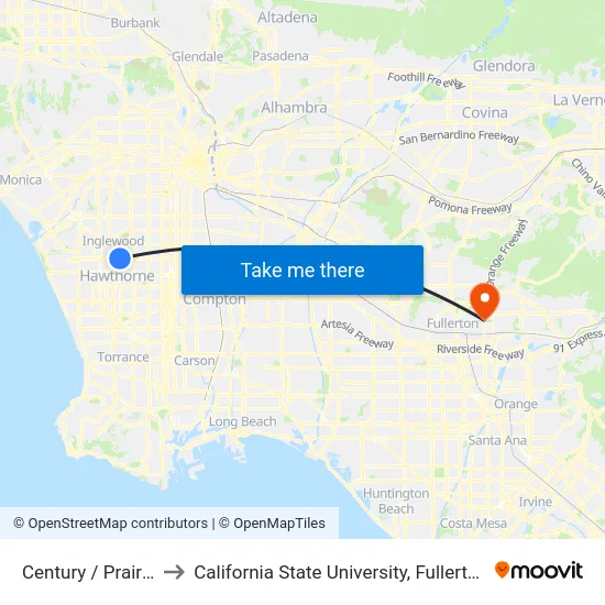 Century / Prairie to California State University, Fullerton map