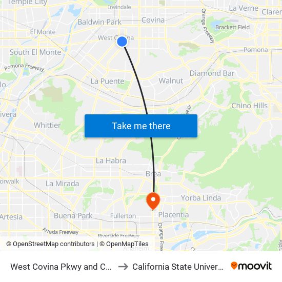 West Covina Pkwy and California Ave E to California State University, Fullerton map