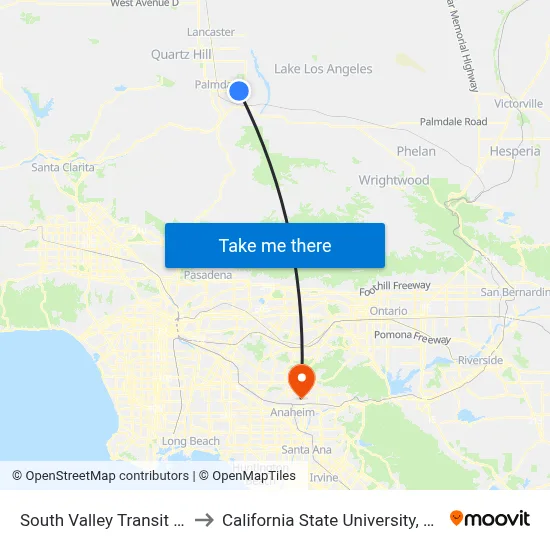 South Valley Transit Center to California State University, Fullerton map